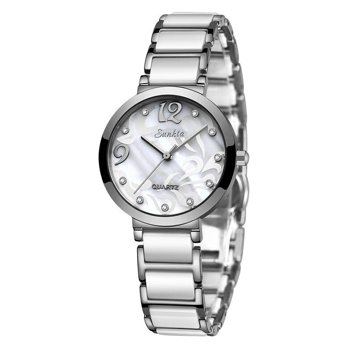 Stylish and Elegant Rhinestone Surface with Ceramic Steel Strap Quartz Watches
