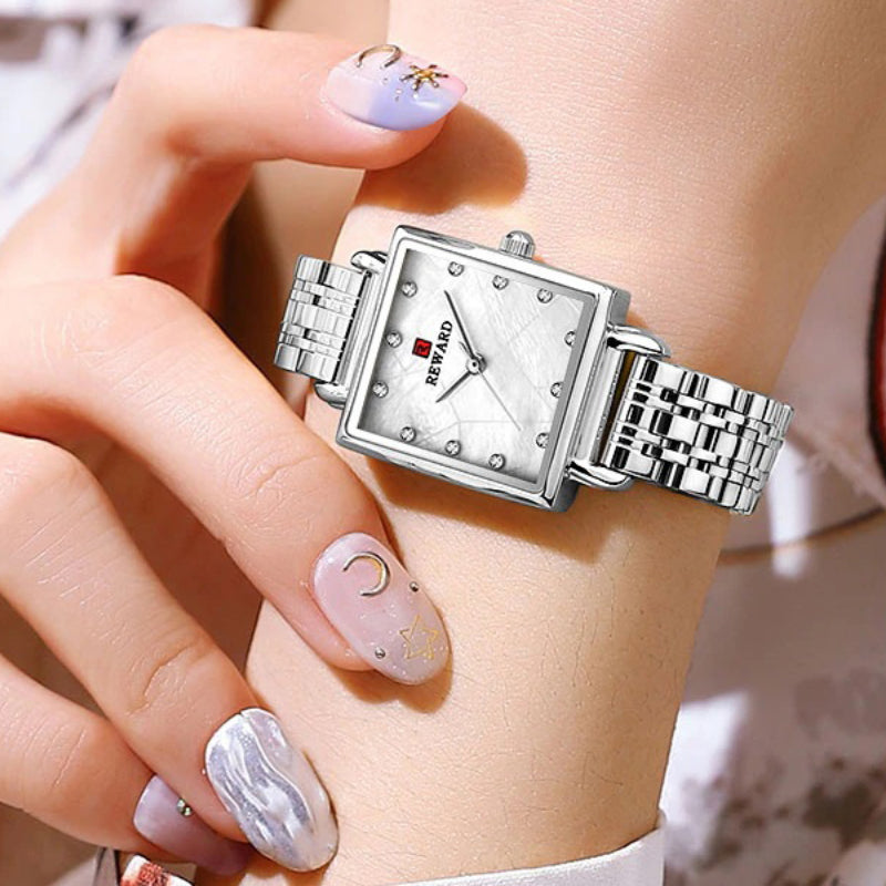 Smooth Solid Stainless Steel Band Rhinestone Square Case Dial Quartz Watches