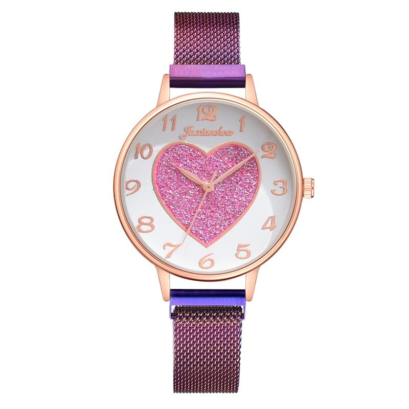 Charming Love Heart Dial Quartz Watches with Star Charm Bracelet