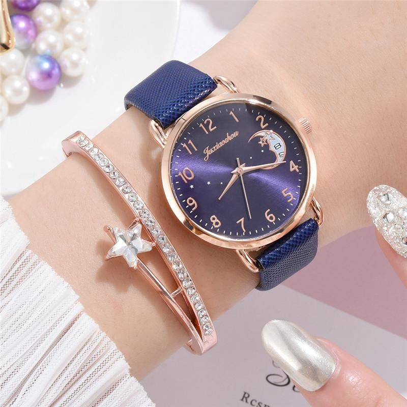 Enchanting Crescent Moon and Star Dial with Vegan Leather Strap Quartz Watches