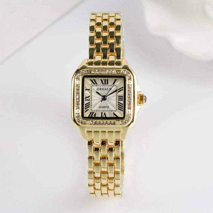 Rhinestone Accented Square Case Roman Numeral Dial Quartz Watches