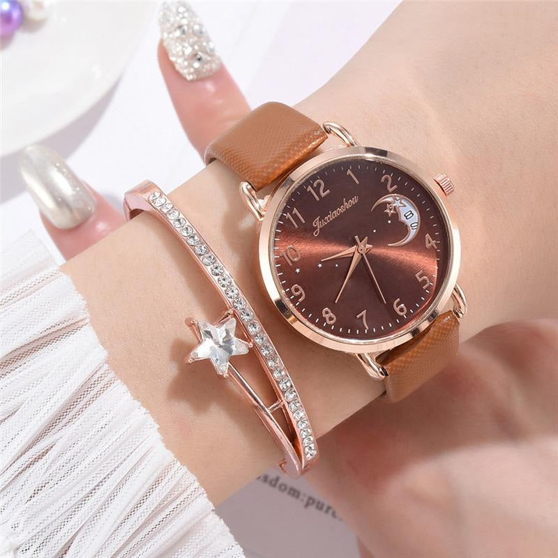 Enchanting Crescent Moon and Star Dial with Vegan Leather Strap Quartz Watches