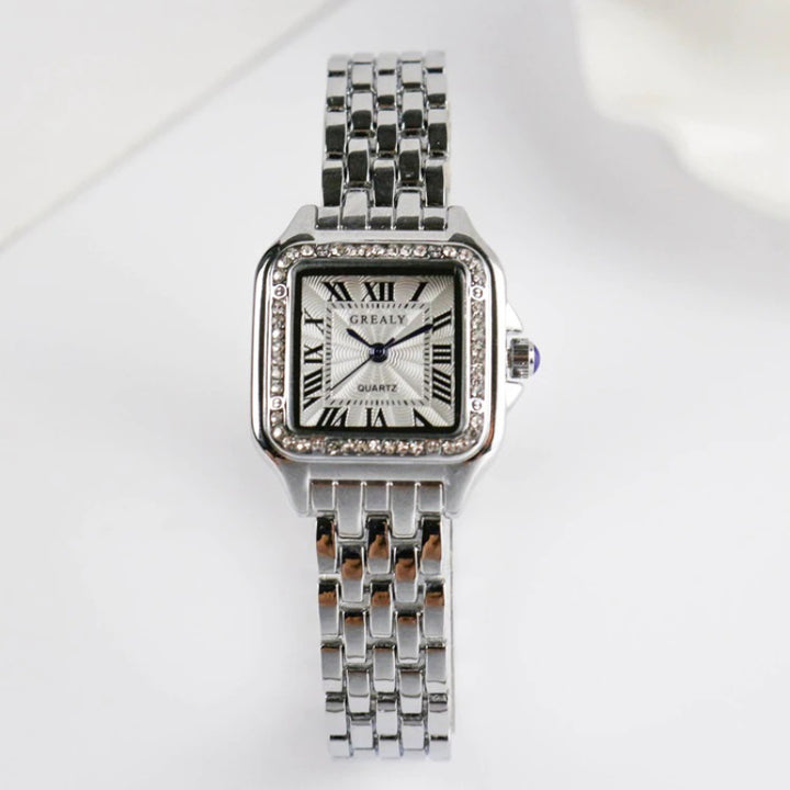 Rhinestone Accented Square Case Roman Numeral Dial Quartz Watches