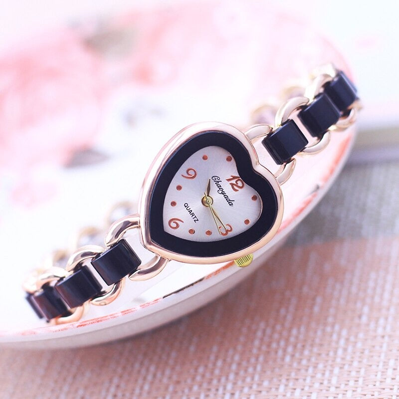 Romantic Love Heart Dial with Elegant Ceramic Strap Quartz Watches