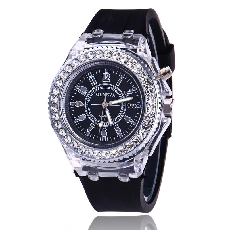 Luminous Rhinestone Adorned with LED Light Silicone Strap Quartz Watches