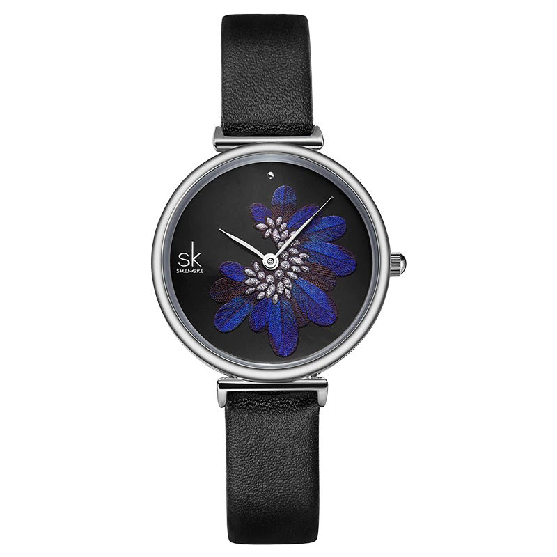 High-Fashion 3D Blue Feather Dial with Vegan Leather Strap Quartz Watch