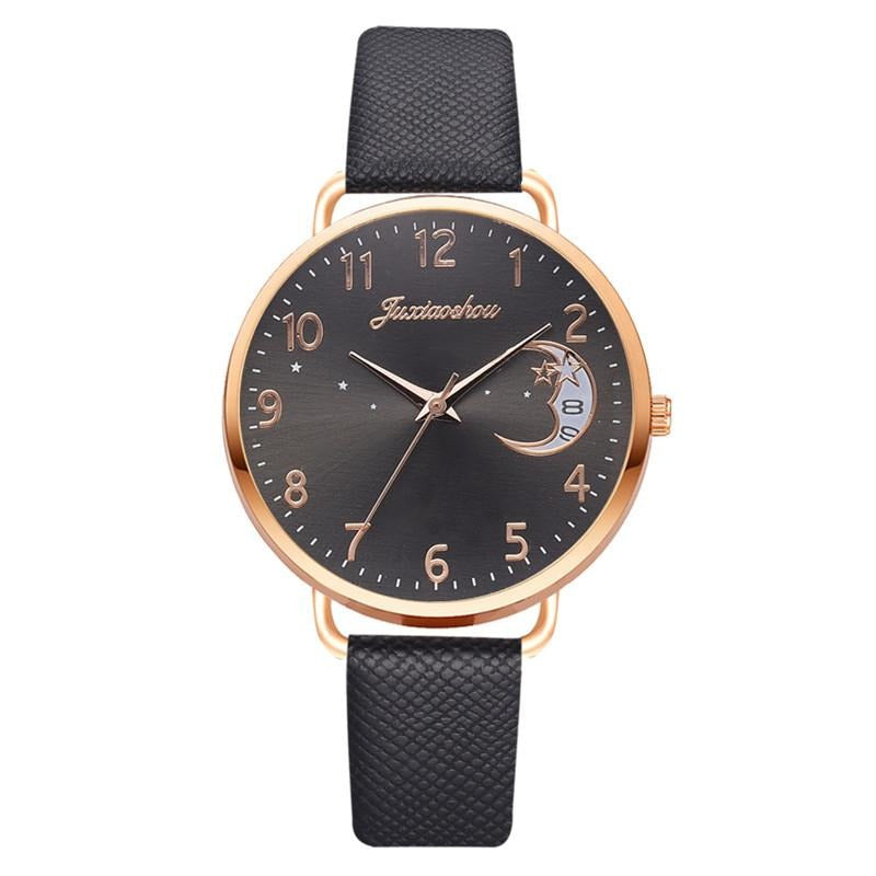 Enchanting Crescent Moon and Star Dial with Vegan Leather Strap Quartz Watches