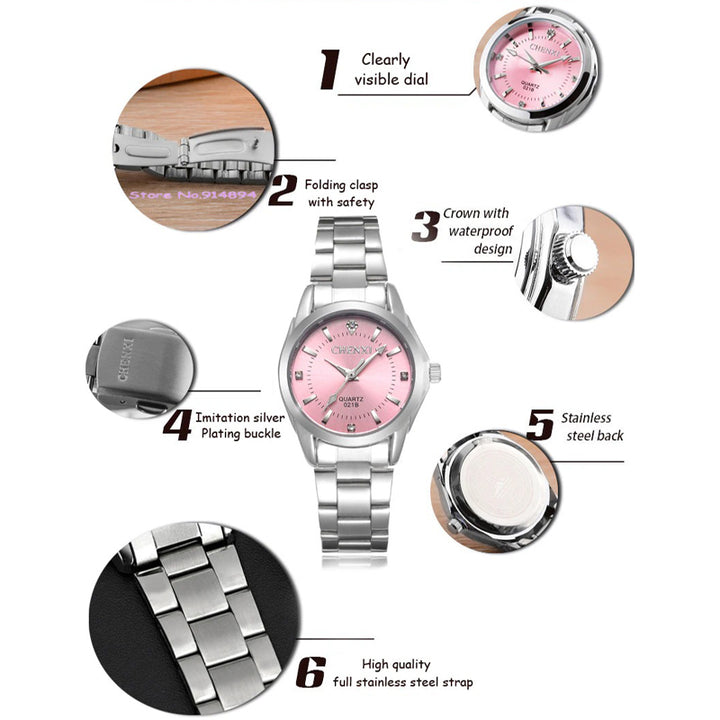 Stainless Steel Multi-color Rhinestone Dial Quartz Watches