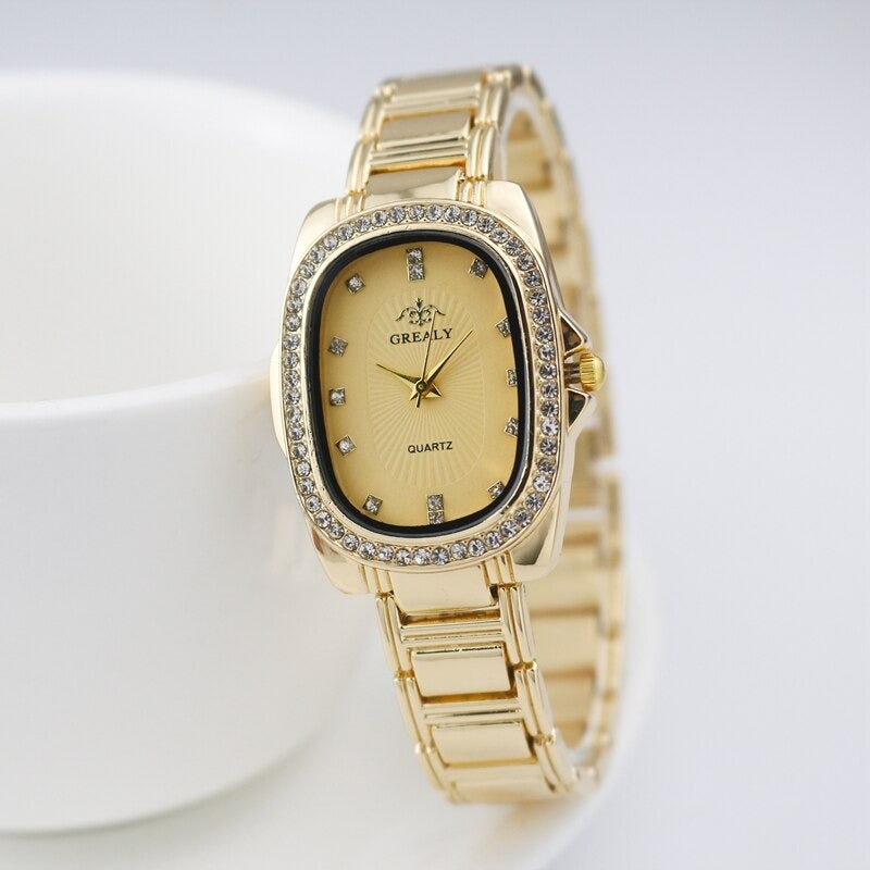 Women's Rhinestone Accented Oval Shape Case Quartz Watches