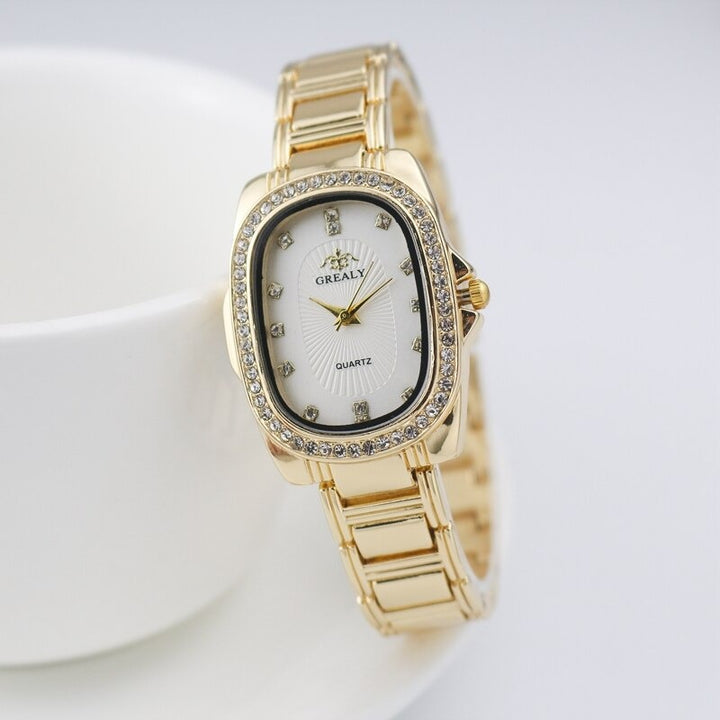 Women's Rhinestone Accented Oval Shape Case Quartz Watches