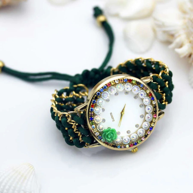 Hand-Knitted Colorful Embellished Rhinestone Flower Dial Quartz Watches