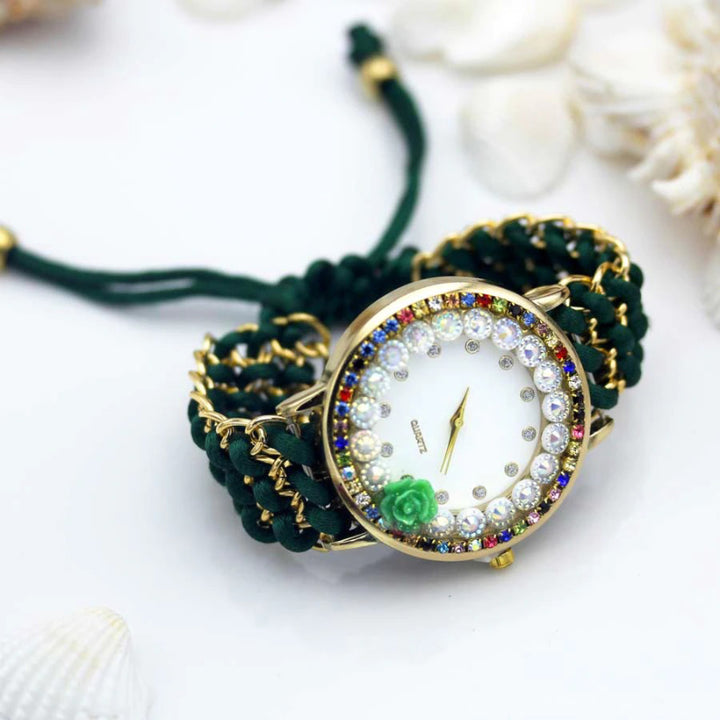 Hand-Knitted Colorful Embellished Rhinestone Flower Dial Quartz Watches