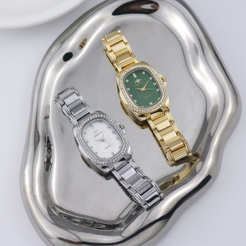 Women's Rhinestone Accented Oval Shape Case Quartz Watches