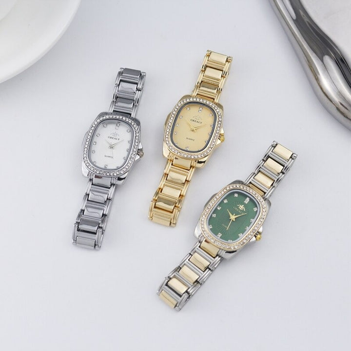 Women's Rhinestone Accented Oval Shape Case Quartz Watches