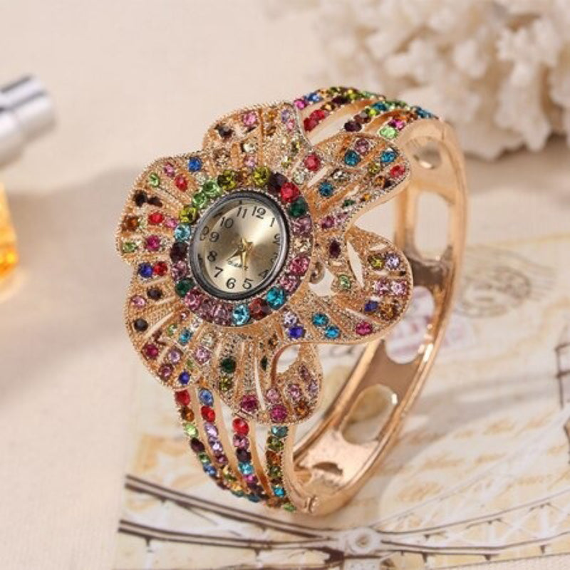 Bedazzled Multi-color Rhinestone Encrusted Flower Shape Bracelets Quartz Watches