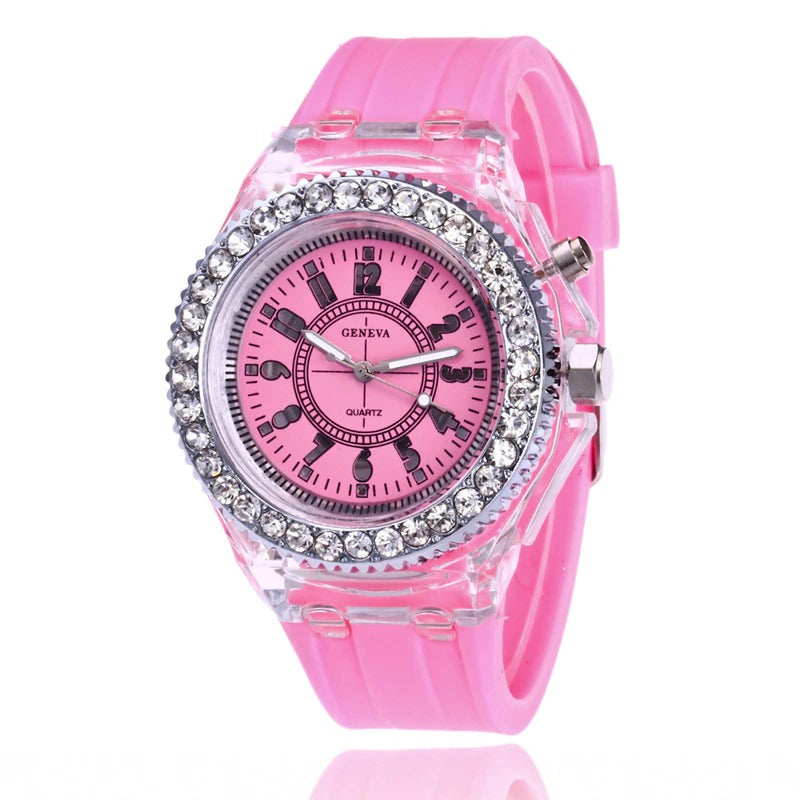 Luminous Rhinestone Adorned with LED Light Silicone Strap Quartz Watches