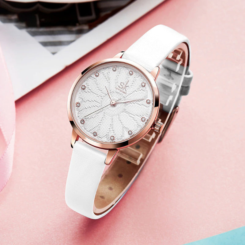 Chic Rhinestone Flower Dial with Vegan Leather Strap Quartz Watches