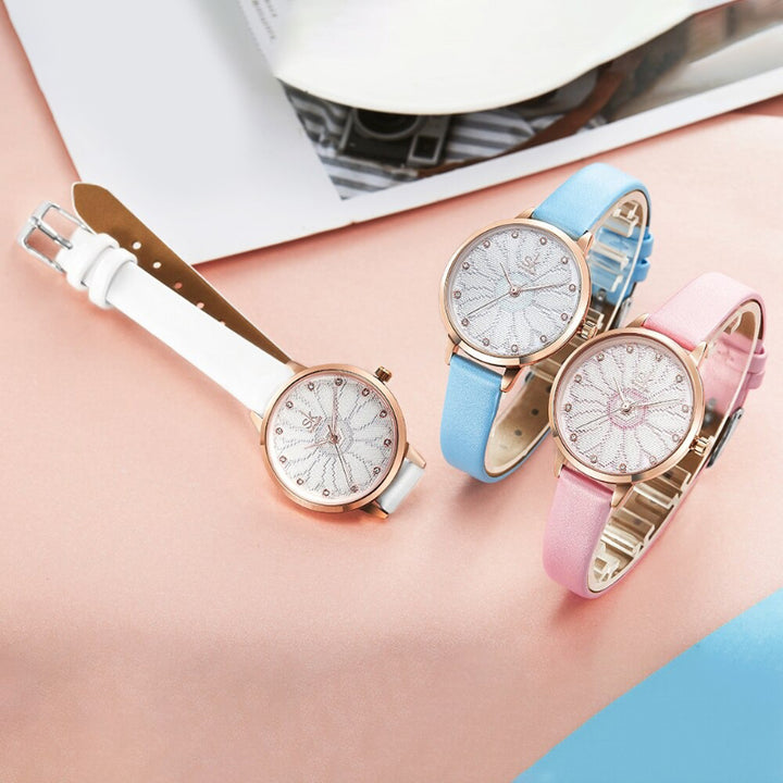Chic Rhinestone Flower Dial with Vegan Leather Strap Quartz Watches
