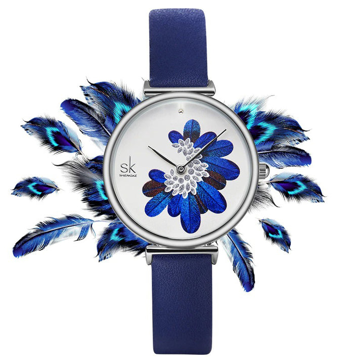 High-Fashion 3D Blue Feather Dial with Vegan Leather Strap Quartz Watch