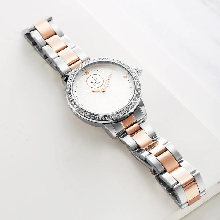 Women's Casual Rhinestone Embellished Conch Pattern Dial Quartz Watches