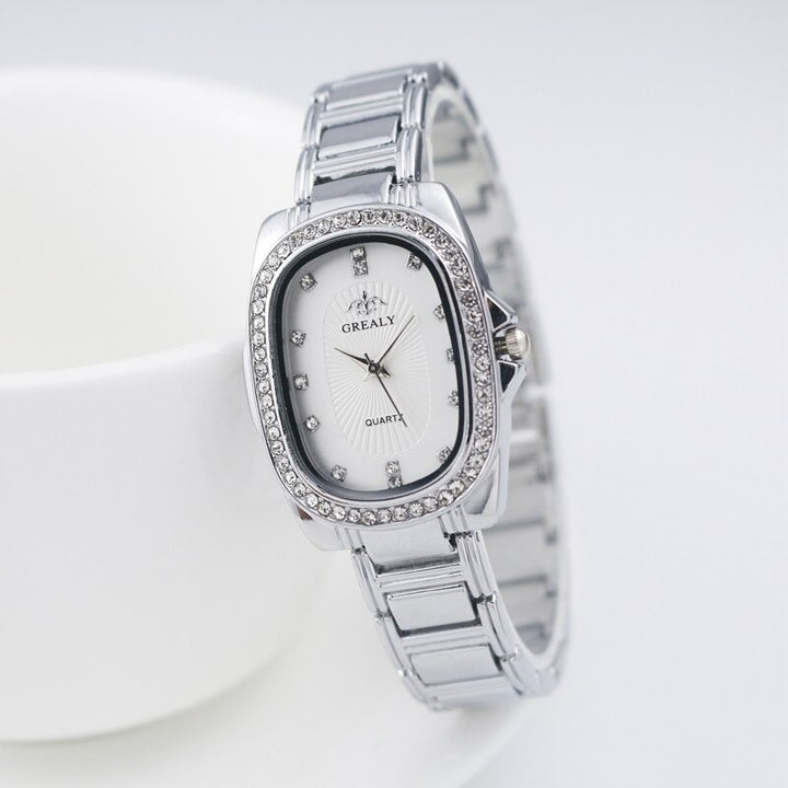 Women's Rhinestone Accented Oval Shape Case Quartz Watches