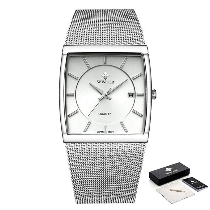 Extravagant Square Case and Round Inner Dial Ultra-Slim Steel Mesh Band Quartz Watches