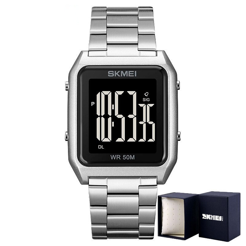 Luxury Digital Sports Watch with Stainless Steel Strap