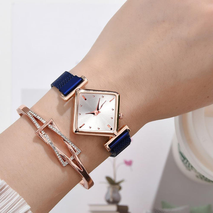 Unique Diamond-Shaped Dial with Magnetic Buckle Steel Mesh Strap Quartz Watches