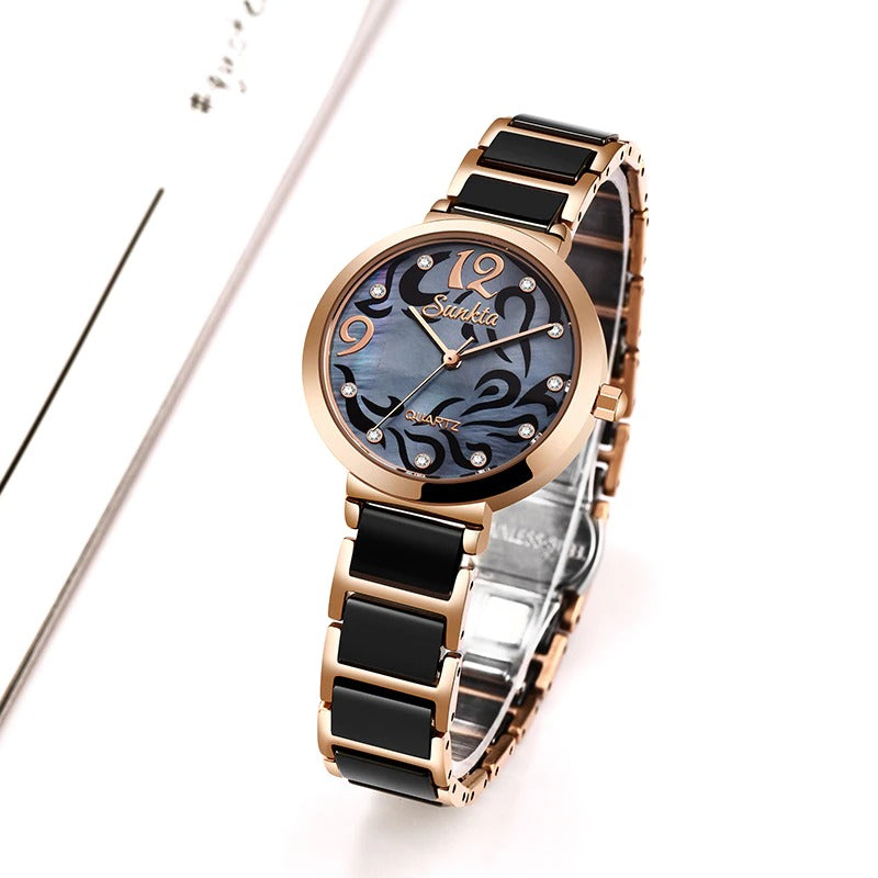 Stylish and Elegant Rhinestone Surface with Ceramic Steel Strap Quartz Watches