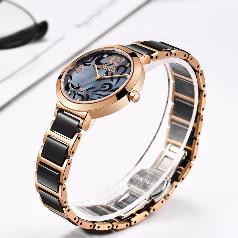 Stylish and Elegant Rhinestone Surface with Ceramic Steel Strap Quartz Watches