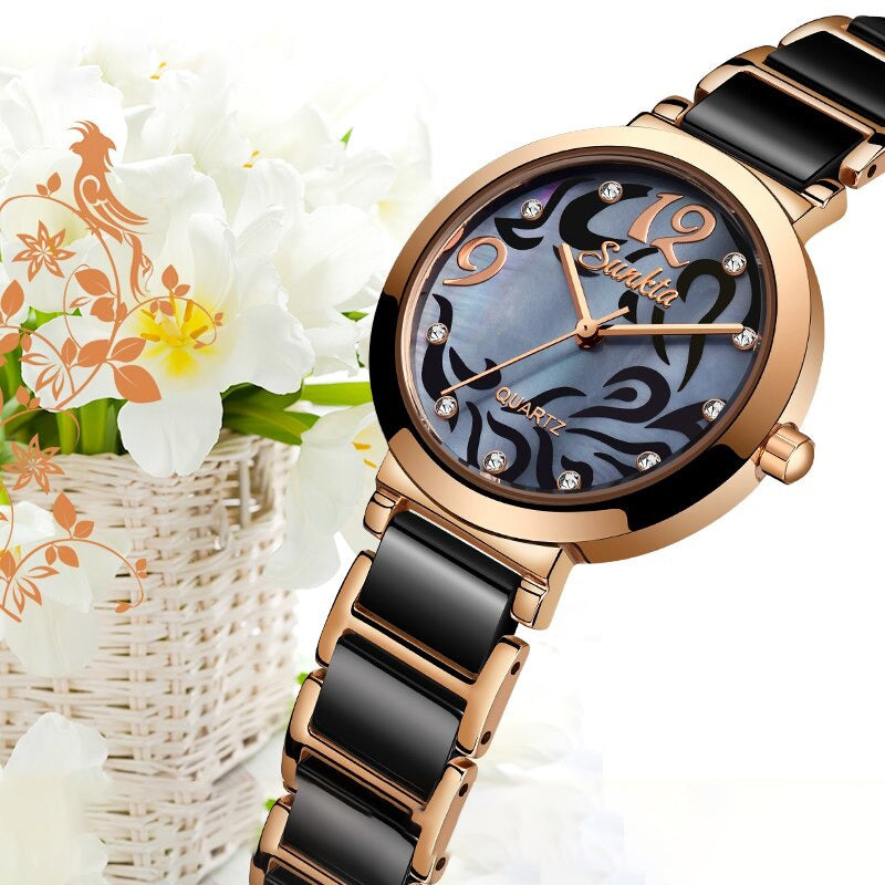 Stylish and Elegant Rhinestone Surface with Ceramic Steel Strap Quartz Watches