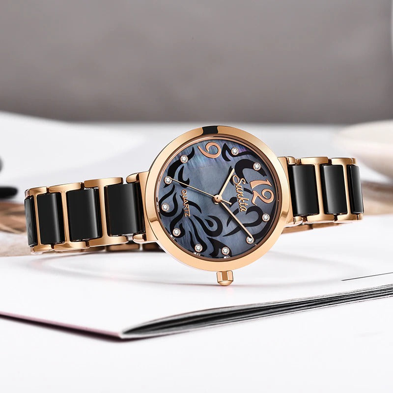 Stylish and Elegant Rhinestone Surface with Ceramic Steel Strap Quartz Watches