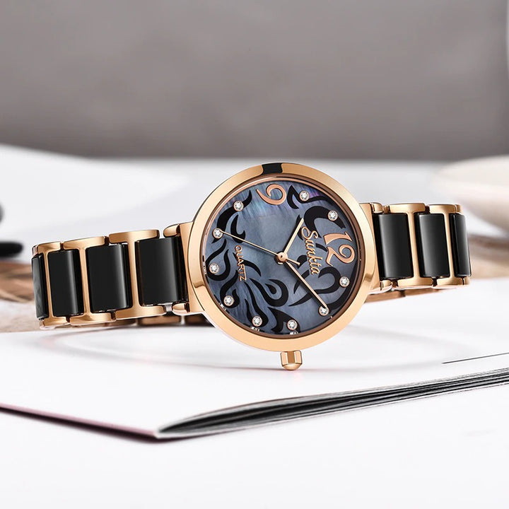 Stylish and Elegant Rhinestone Surface with Ceramic Steel Strap Quartz Watches