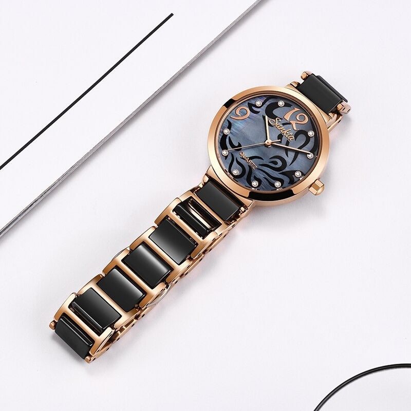 Stylish and Elegant Rhinestone Surface with Ceramic Steel Strap Quartz Watches