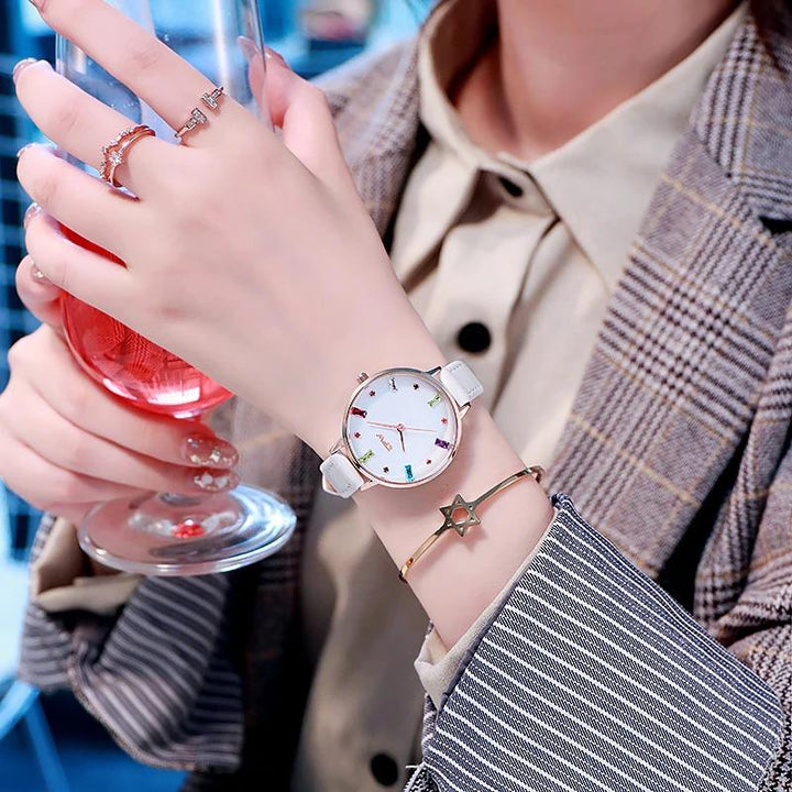 Watch - Colorful Rhinestone Dial With Leather Strap Quartz Watch