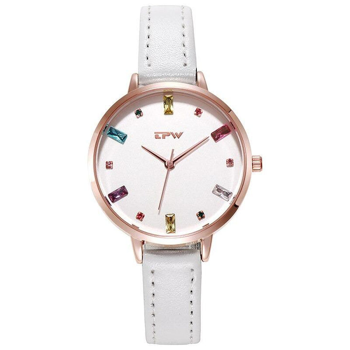 Watch - Colorful Rhinestone Dial With Leather Strap Quartz Watch