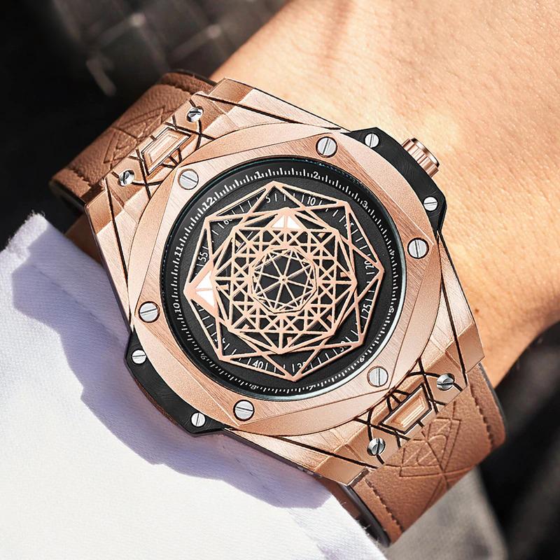 Watch - Decorative Geometric Figure Dial Leather Strap Quartz Watch