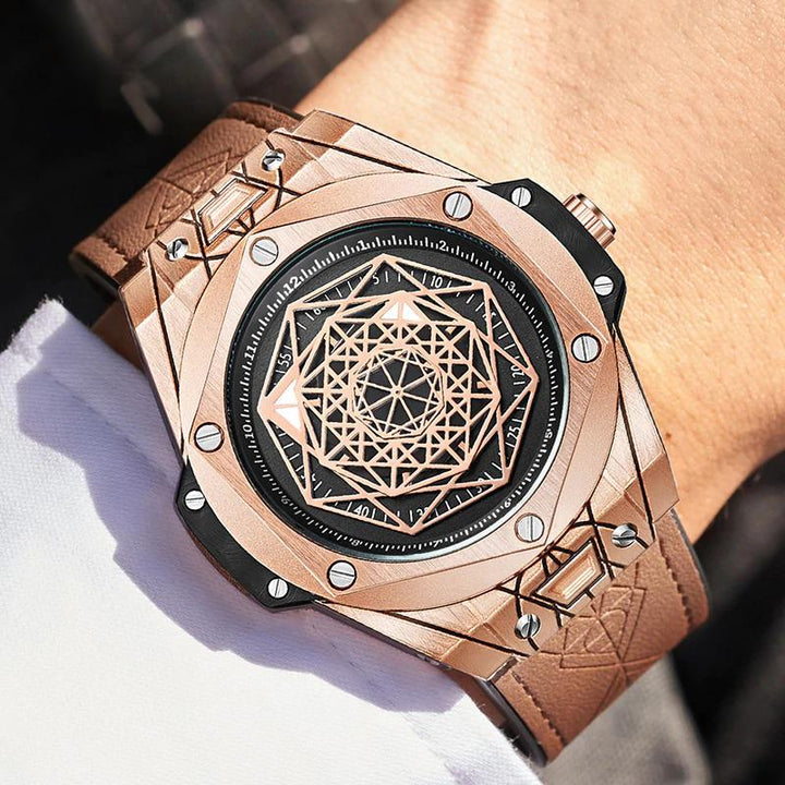 Watch - Decorative Geometric Figure Dial Leather Strap Quartz Watch
