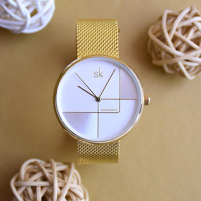 Watch - Numberless Geometric Dial In Mesh Strap Quartz Watch