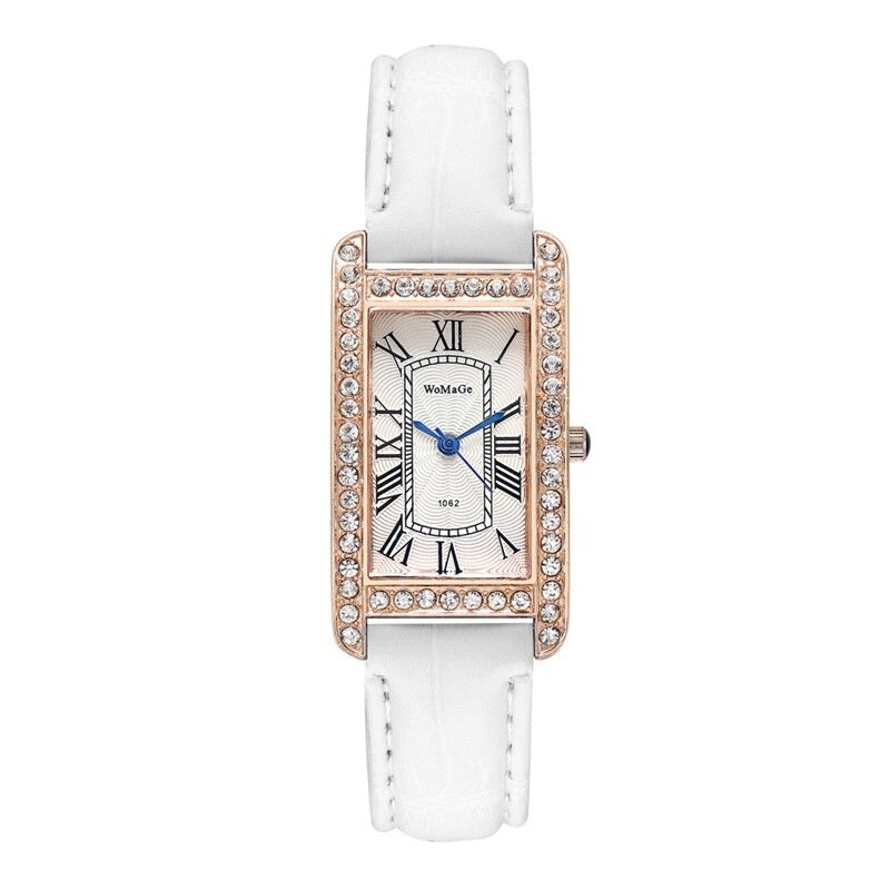 Retro-Chic Rhinestone Accented Vegan Leather Band Quartz Watches