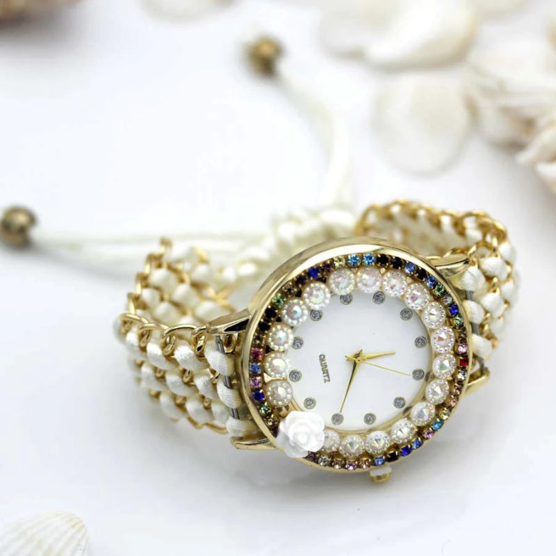Hand-Knitted Colorful Embellished Rhinestone Flower Dial Quartz Watches