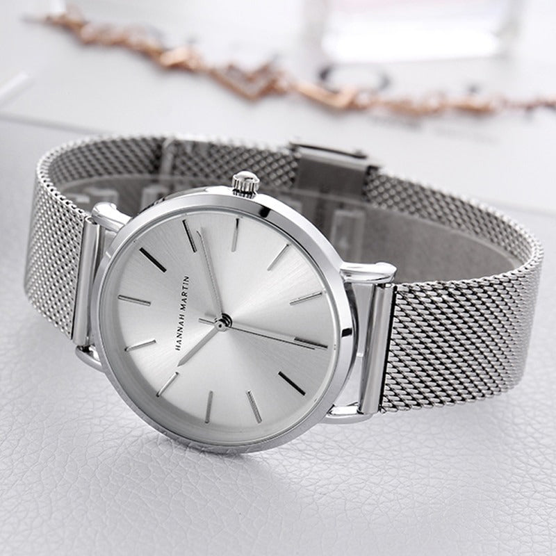 Minimalist Numberless Dial Stainless Steel Mesh Band Quartz Watches