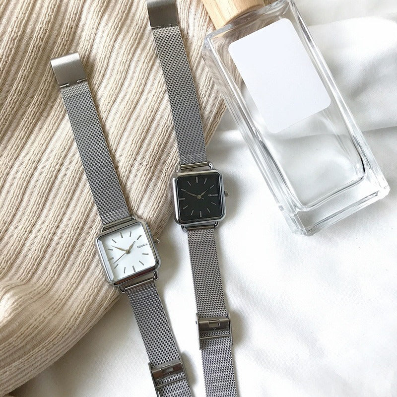 Minimalist Square Case with Stainless Steel Mesh Strap Quartz Watches