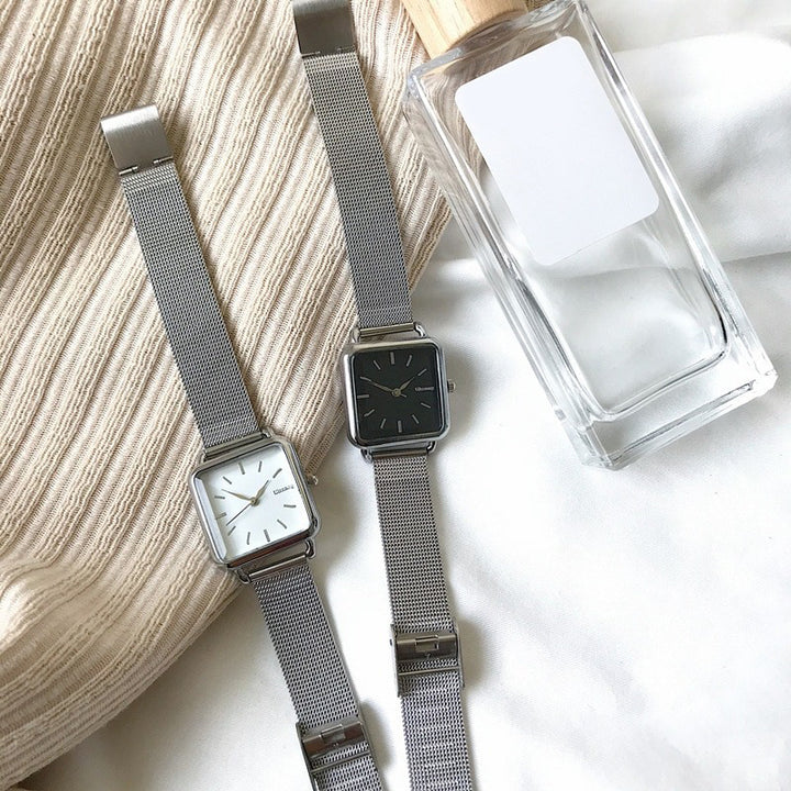 Minimalist Square Case with Stainless Steel Mesh Strap Quartz Watches