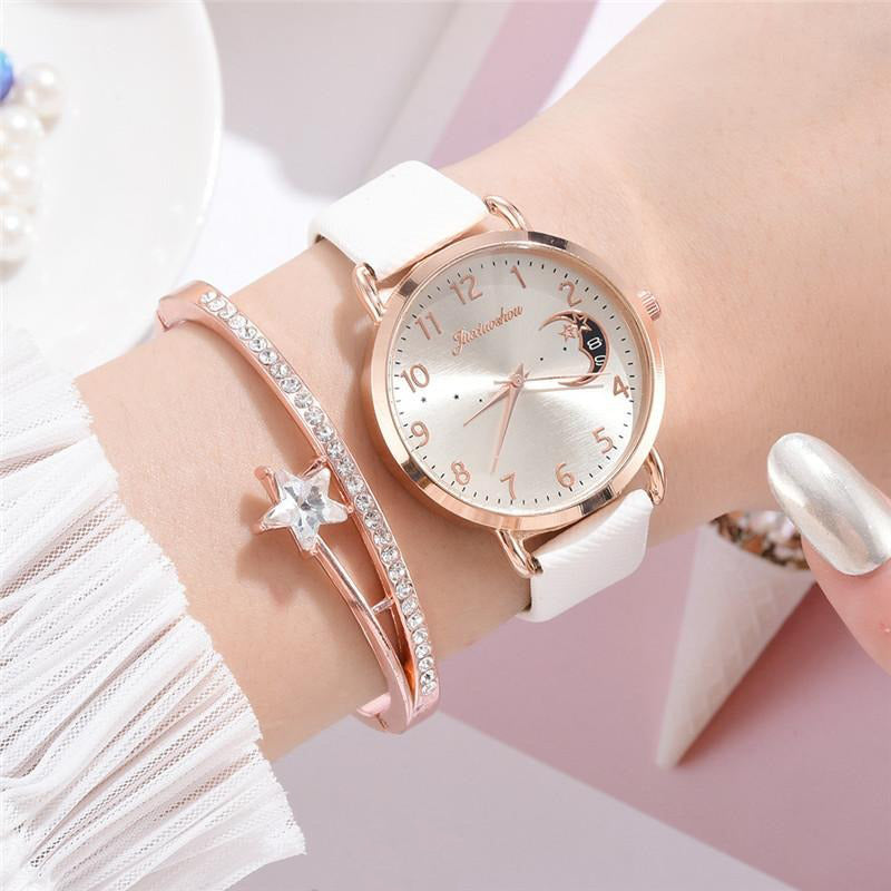 Enchanting Crescent Moon and Star Dial with Vegan Leather Strap Quartz Watches