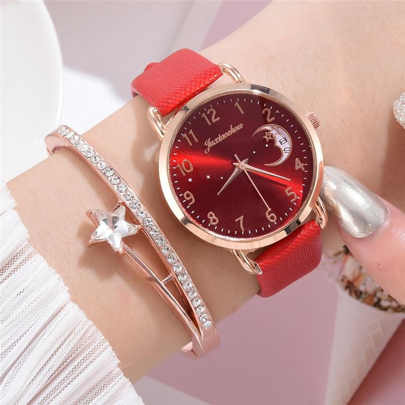 Enchanting Crescent Moon and Star Dial with Vegan Leather Strap Quartz Watches