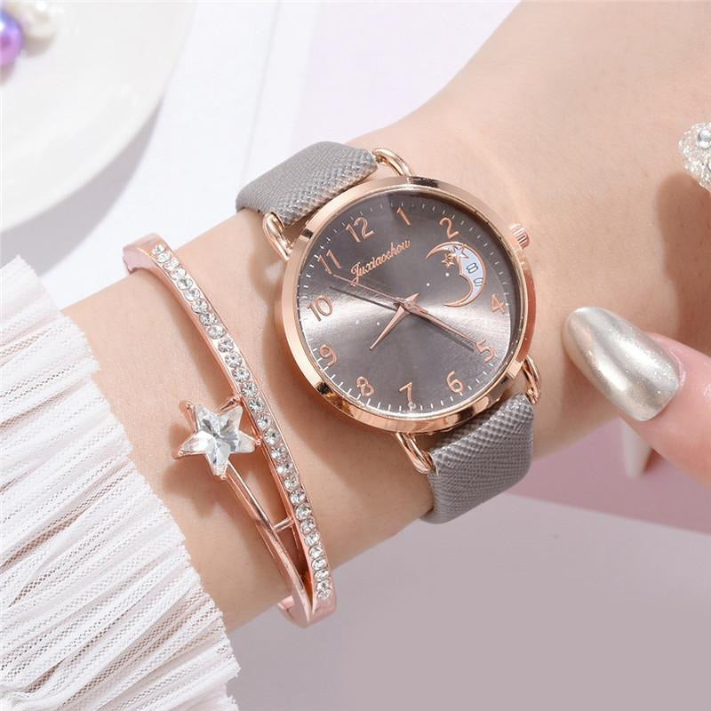 Enchanting Crescent Moon and Star Dial with Vegan Leather Strap Quartz Watches