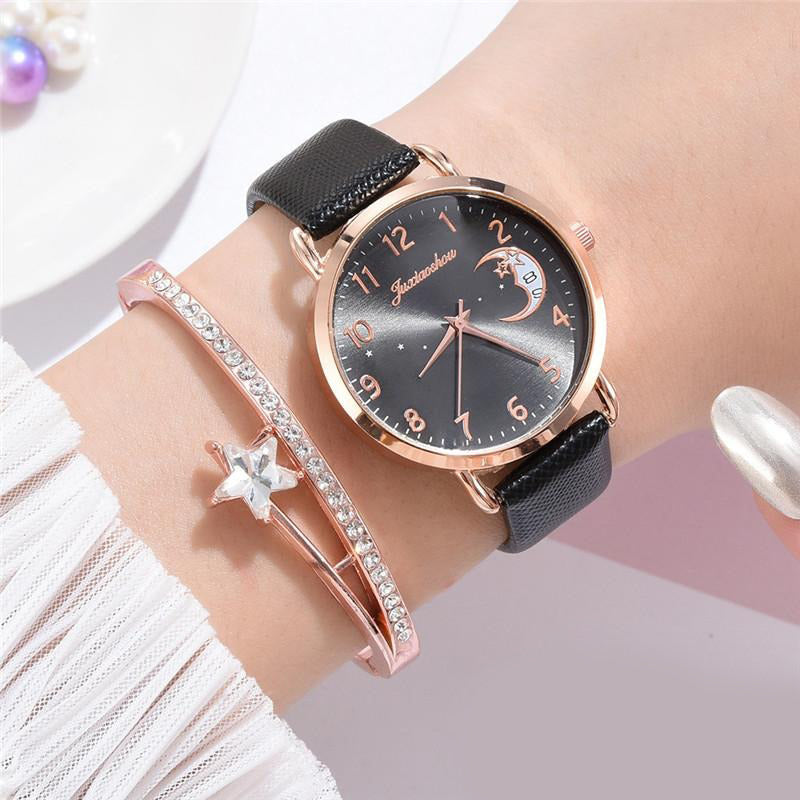 Enchanting Crescent Moon and Star Dial with Vegan Leather Strap Quartz Watches