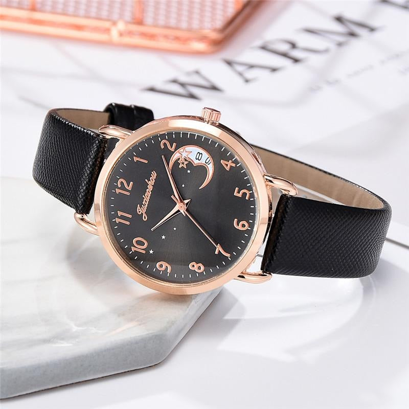 Enchanting Crescent Moon and Star Dial with Vegan Leather Strap Quartz Watches