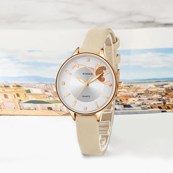 Simply Elegant Fashion Butterfly with Vegan Leather Strap Quartz Watches